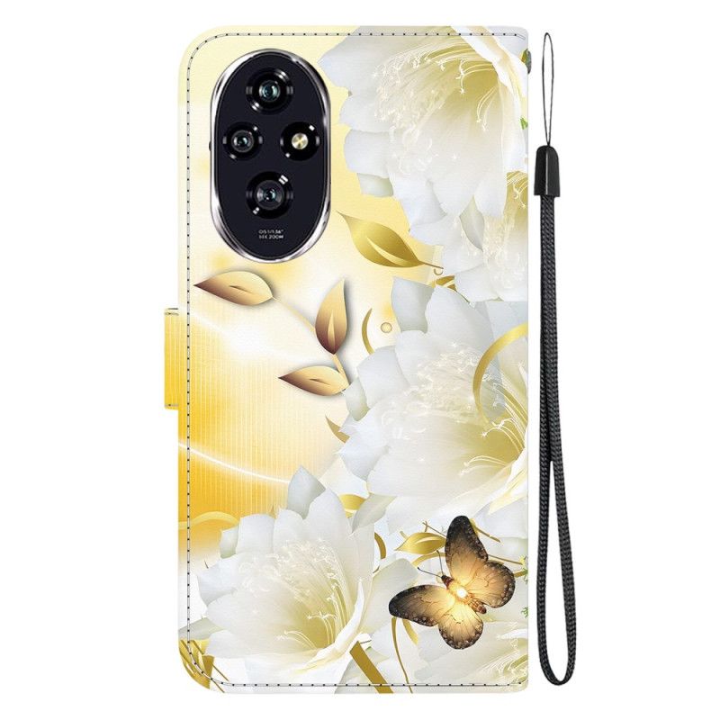 Læder Cover Honor 200 Telefon Etui Gyldne Sommerfugle Og Hvide Blomster Med Rem