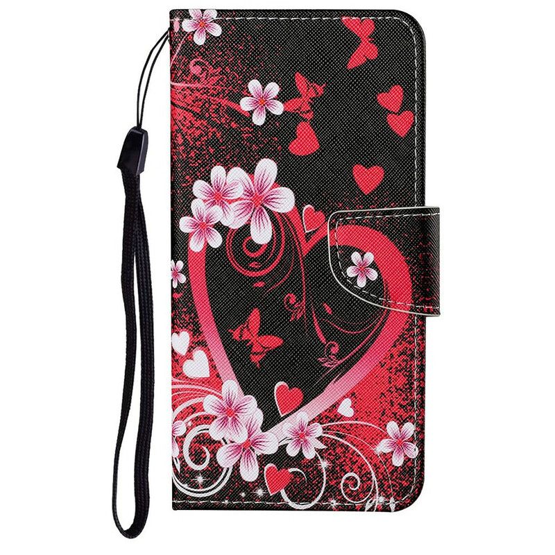 Flip Cover iPhone 13 Blomster Og Hjerter Med Snor