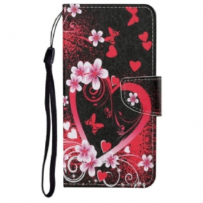 Flip Cover iPhone 13 Blomster Og Hjerter Med Snor