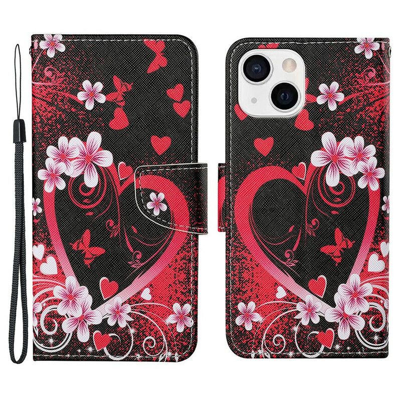 Flip Cover iPhone 13 Blomster Og Hjerter Med Snor