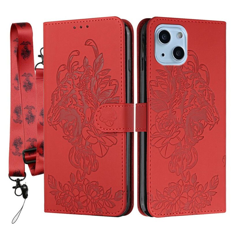 Flip Cover iPhone 13 Med Snor Barok Strappy Tiger