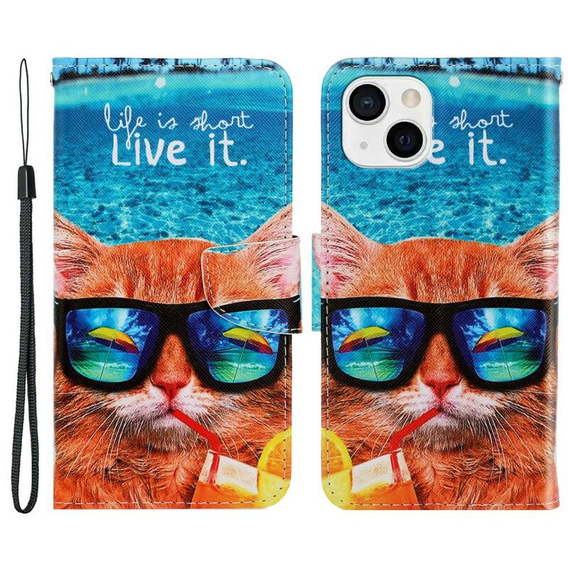 Flip Cover iPhone 13 Med Snor Cat Live It Strappy