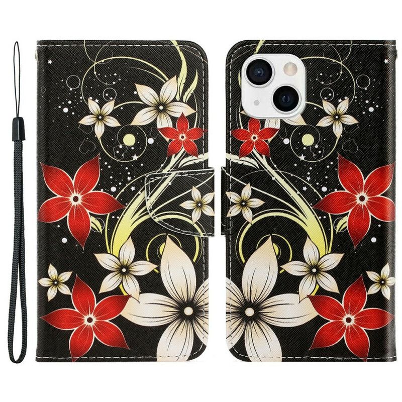 Flip Cover iPhone 13 Med Snor Farverige Stropblomster