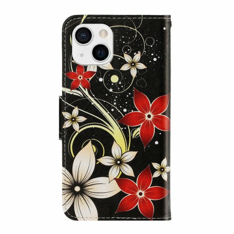 Flip Cover iPhone 13 Med Snor Farverige Stropblomster