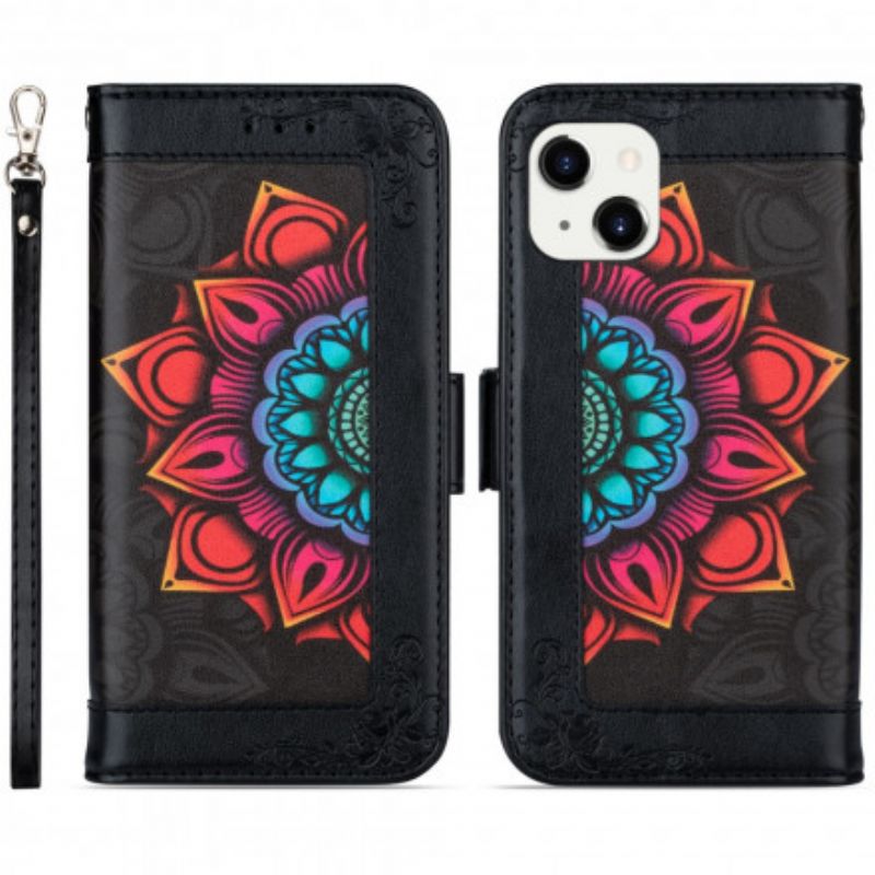 Flip Cover iPhone 13 Med Snor Mandala Dekoration Med Rem