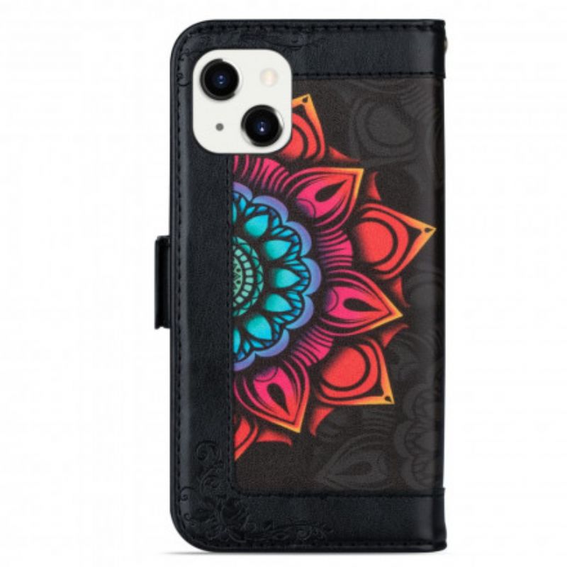 Flip Cover iPhone 13 Med Snor Mandala Dekoration Med Rem