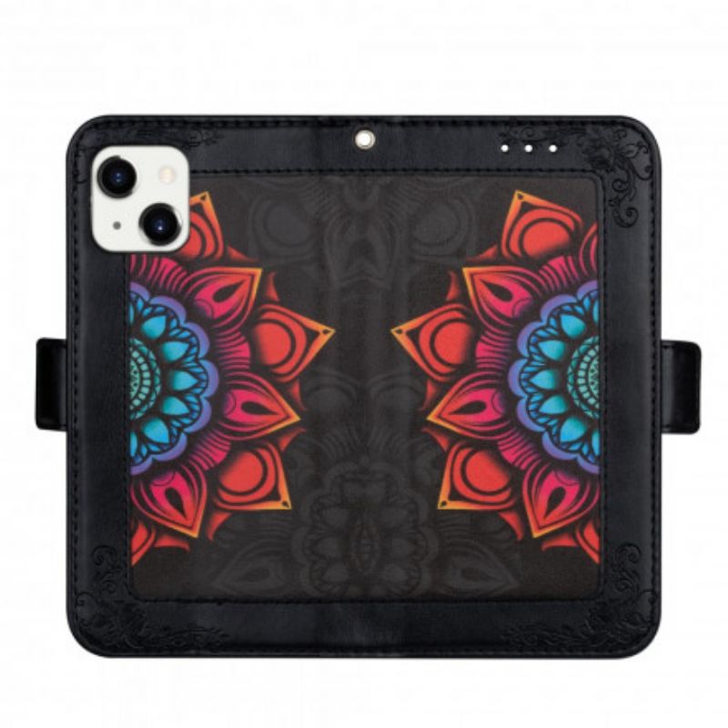 Flip Cover iPhone 13 Med Snor Mandala Dekoration Med Rem