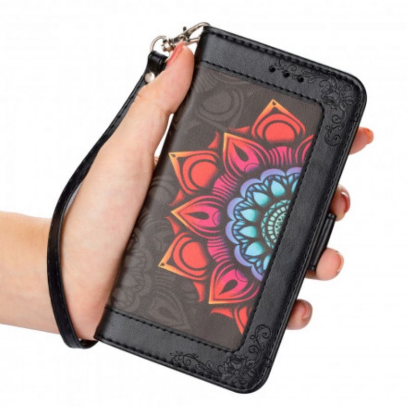 Flip Cover iPhone 13 Med Snor Mandala Dekoration Med Rem