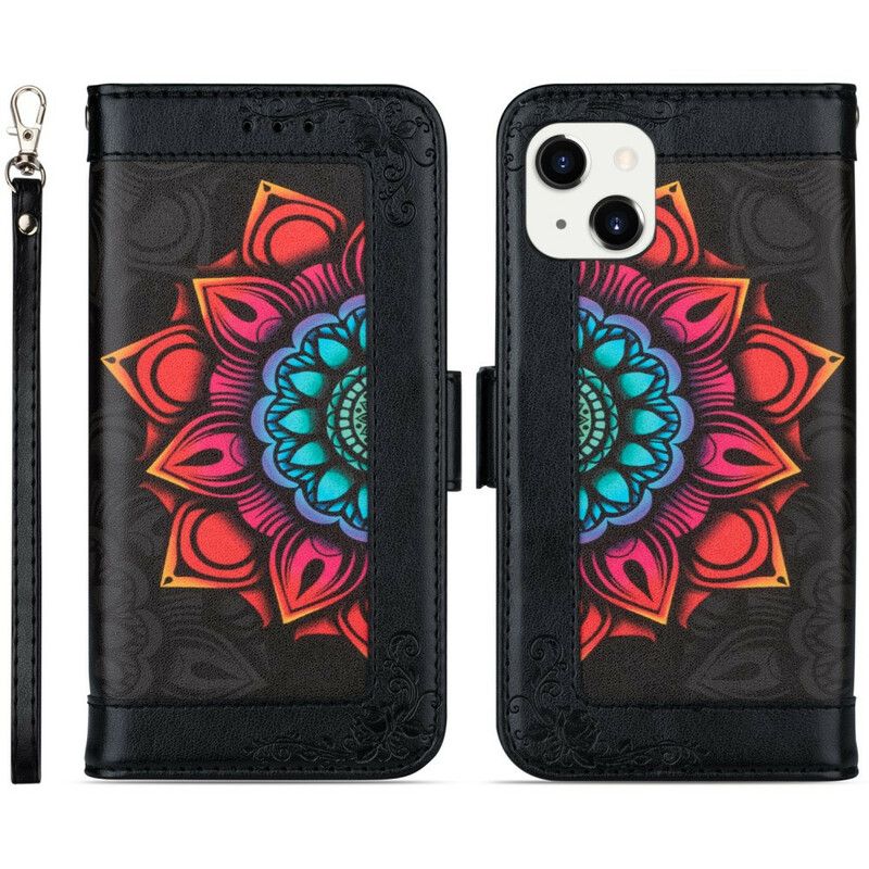 Flip Cover iPhone 13 Med Snor Mandala-remdekoration