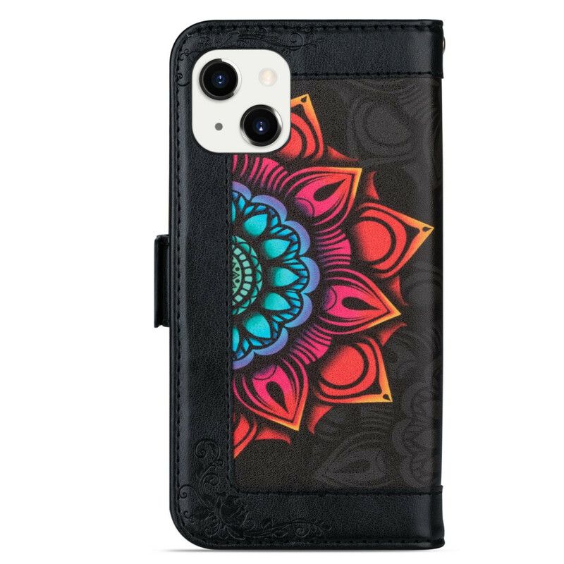 Flip Cover iPhone 13 Med Snor Mandala-remdekoration