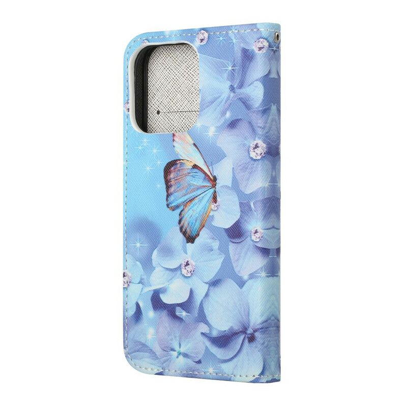 Flip Cover iPhone 13 Med Snor Sommerfugle Med Diamantrem