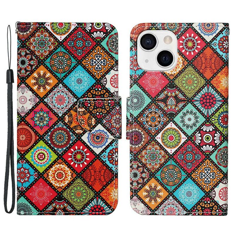 Flip Cover iPhone 13 Patchwork Mandalaer Med Snor