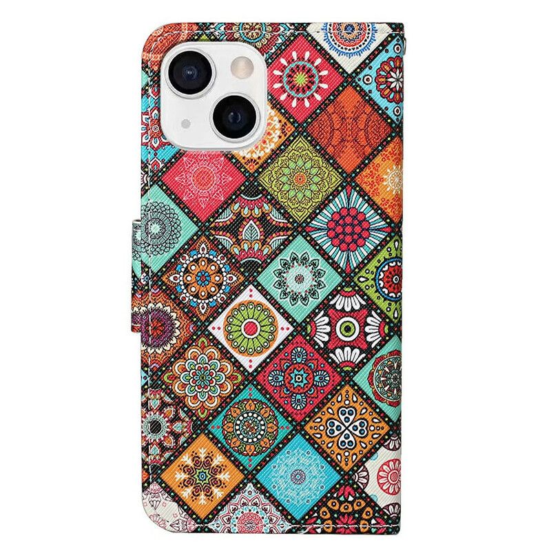 Flip Cover iPhone 13 Patchwork Mandalaer Med Snor