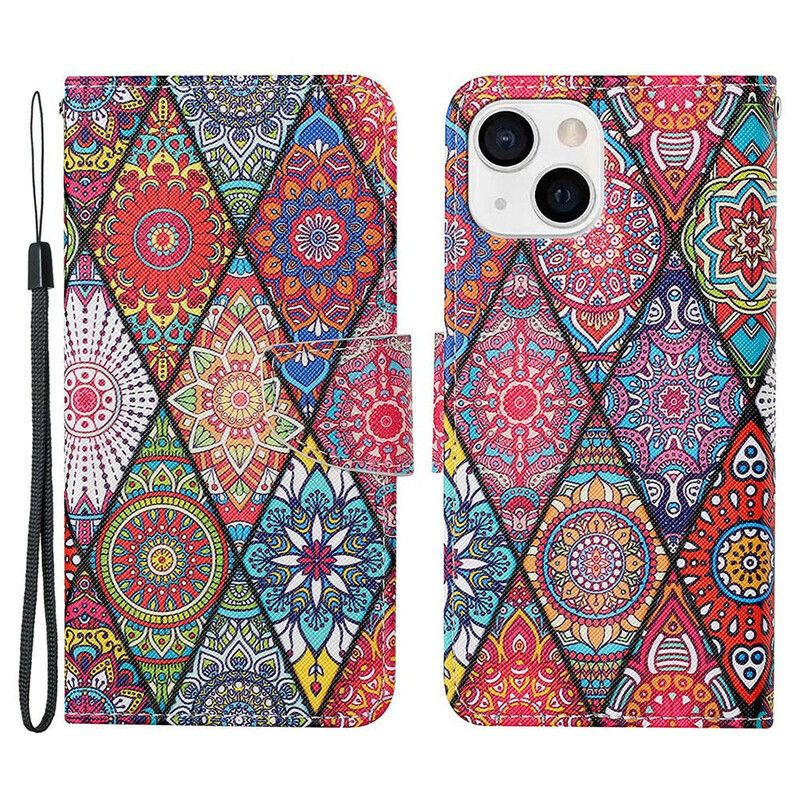 Flip Cover iPhone 13 Patchwork Med Snor