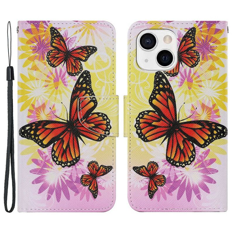 Flip Cover iPhone 13 Sommerfugle Og Sommerblomster