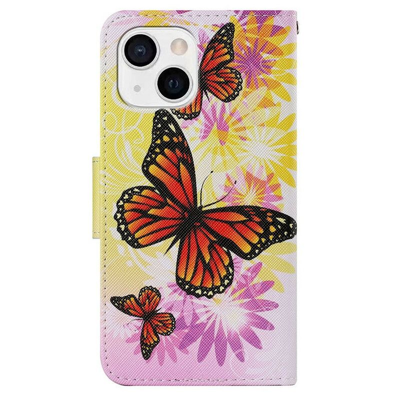 Flip Cover iPhone 13 Sommerfugle Og Sommerblomster