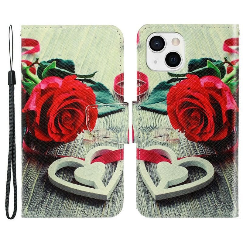 Læder Cover iPhone 13 Med Snor Romantisk Strappy Rose