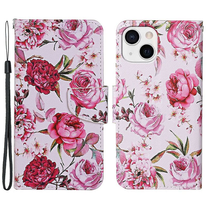 Læder Cover iPhone 13 Mestrede Blomster Med Rem