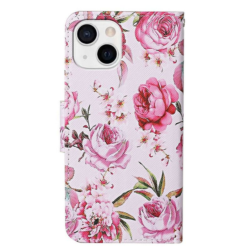 Læder Cover iPhone 13 Mestrede Blomster Med Rem