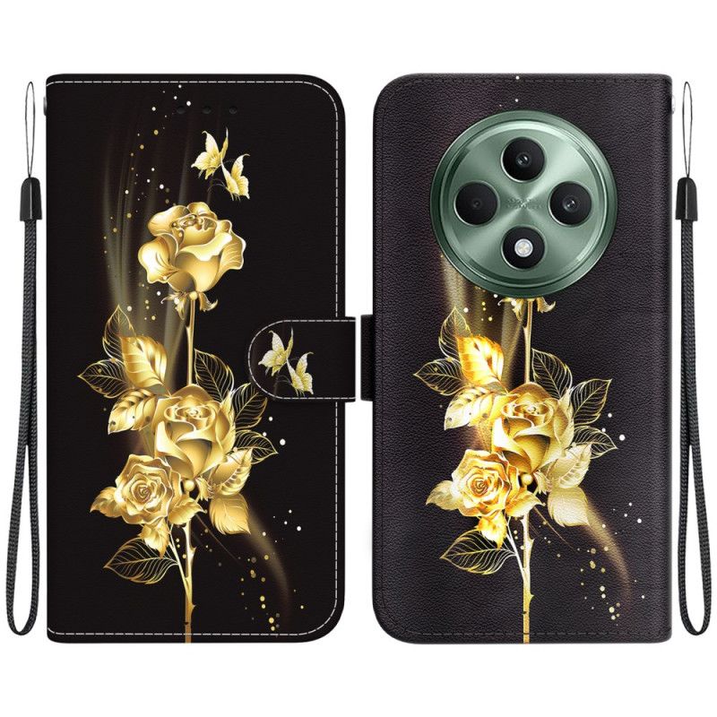 Flip Cover Oppo Reno 12f 5g Guld Og Pink Sommerfugle Med Rem