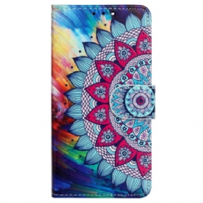 Flip Cover iPhone 15 Plus Med Snor Farverig Mandala Med Rem