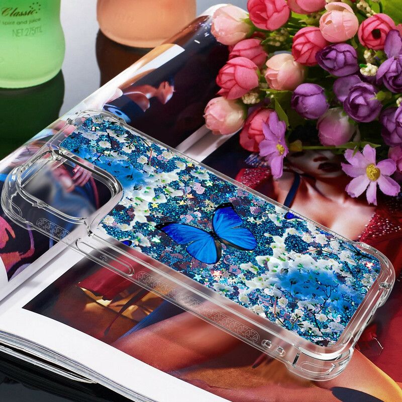 Cover iPhone 13 Pro Max Blå Glitter Sommerfugle