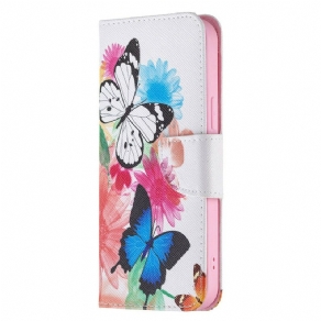 Flip Cover iPhone 13 Pro Max Malede Sommerfugle Og Blomster