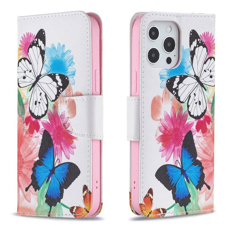 Flip Cover iPhone 13 Pro Max Malede Sommerfugle Og Blomster