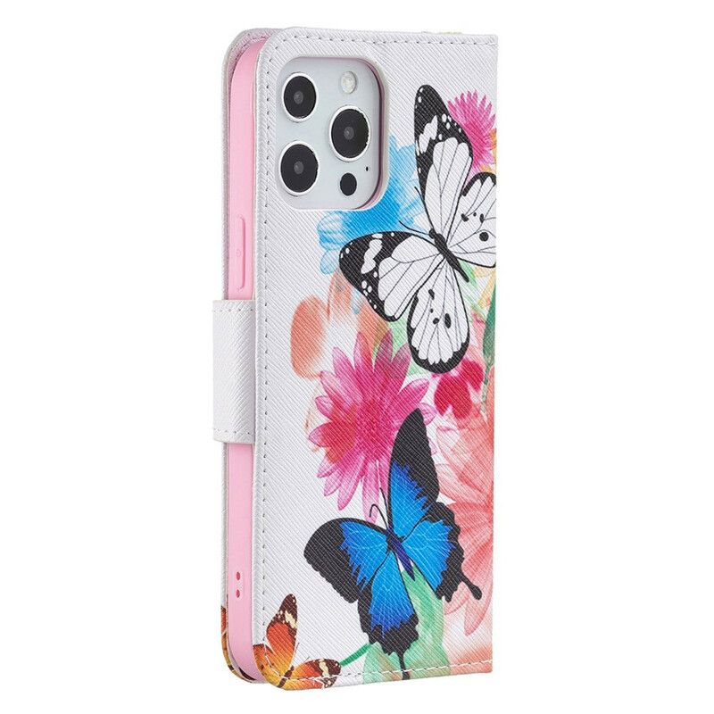 Flip Cover iPhone 13 Pro Max Malede Sommerfugle Og Blomster