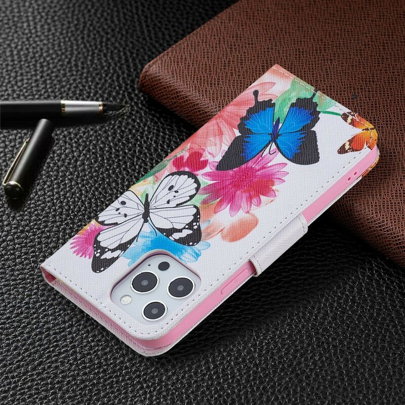 Flip Cover iPhone 13 Pro Max Malede Sommerfugle Og Blomster