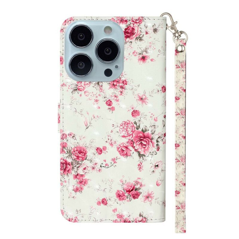 Flip Cover iPhone 13 Pro Max Med Snor Blomster Lyspletter Med Rem