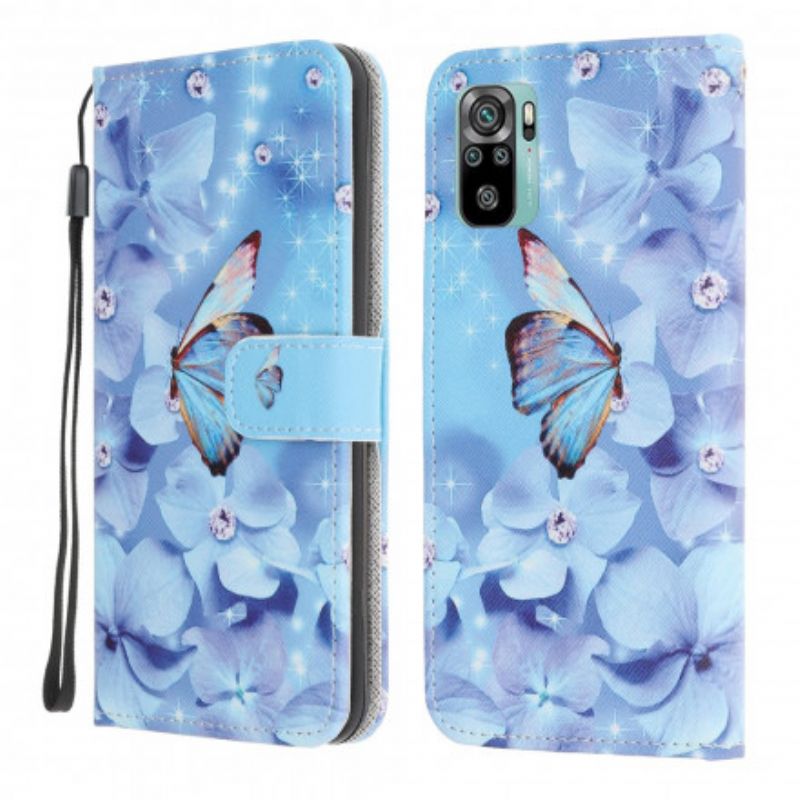 Flip Cover Xiaomi Redmi Note 10 / 10S Med Snor Sommerfugle Med Diamantrem