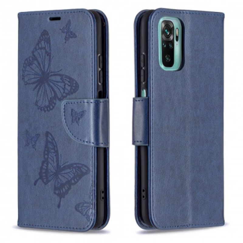 Flip Cover Xiaomi Redmi Note 10 / 10S Med Snor Sommerfugle Trykt Rem