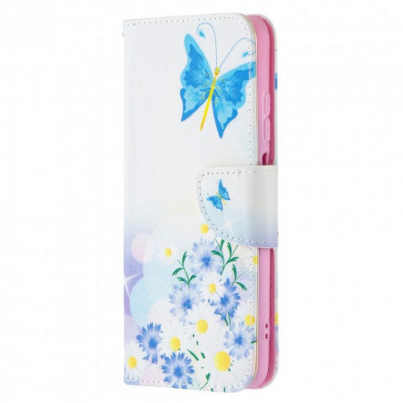 Læder Cover Xiaomi Redmi Note 10 / 10S Malede Sommerfugle Og Blomster