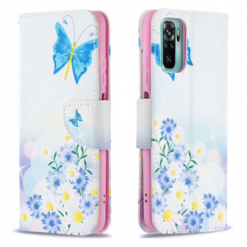 Læder Cover Xiaomi Redmi Note 10 / 10S Malede Sommerfugle Og Blomster