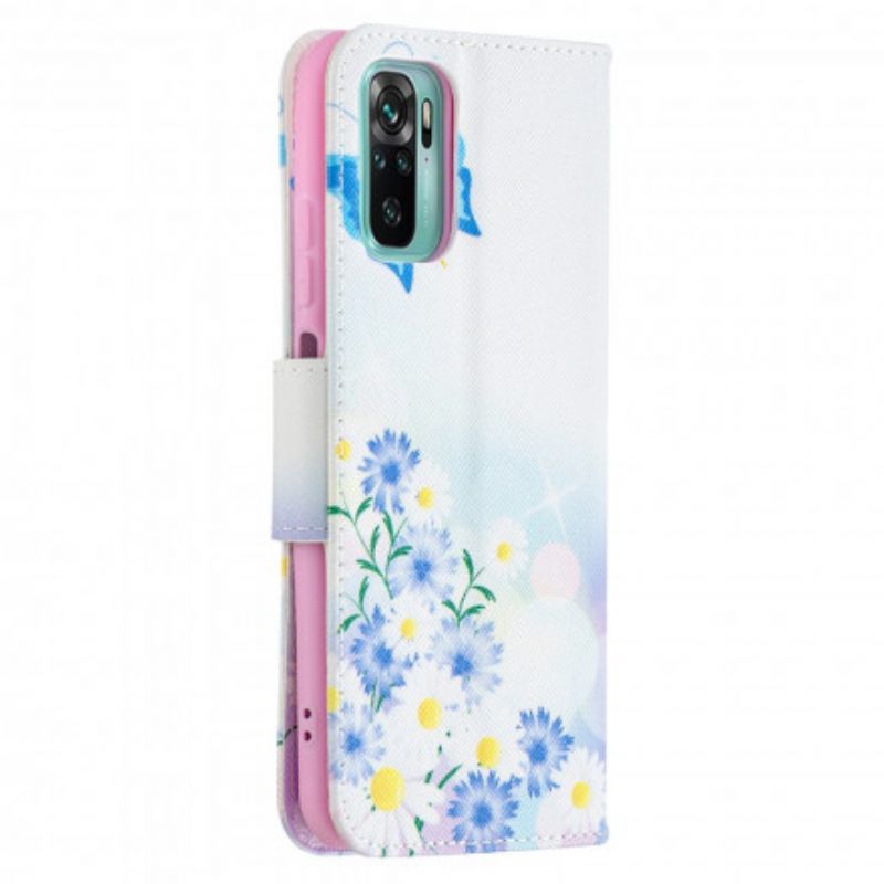 Læder Cover Xiaomi Redmi Note 10 / 10S Malede Sommerfugle Og Blomster