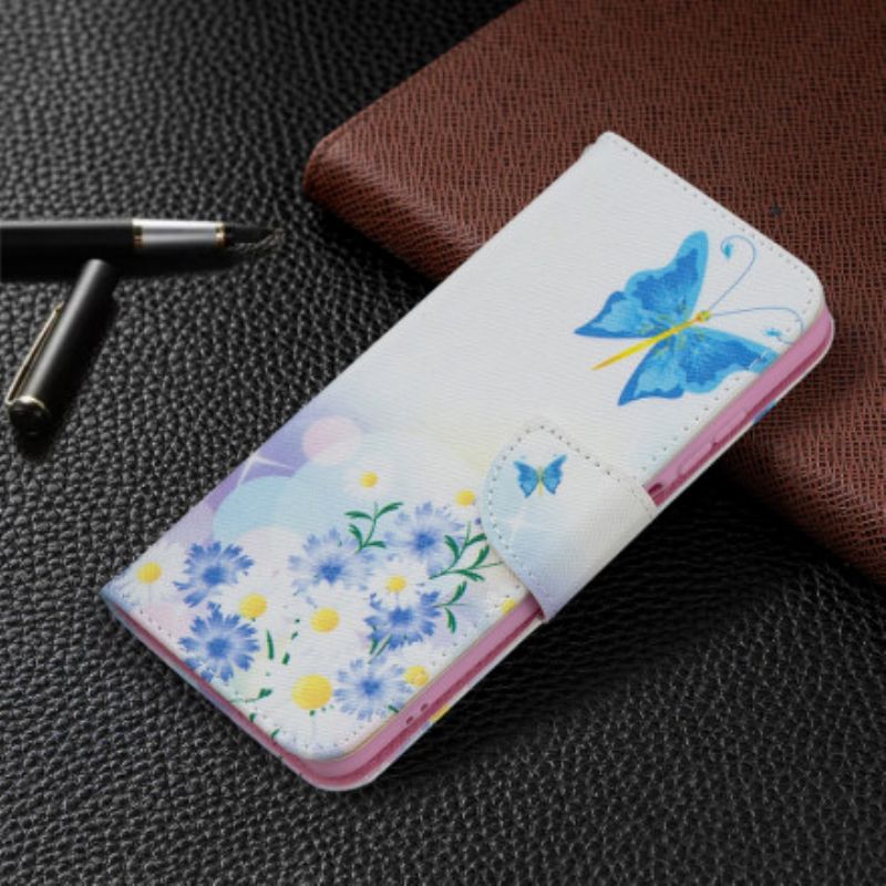 Læder Cover Xiaomi Redmi Note 10 / 10S Malede Sommerfugle Og Blomster