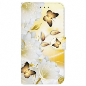 Flip Cover Til Motorola Edge 50 Ultra Gyldne Sommerfugle Og Hvide Blomster Med Rem