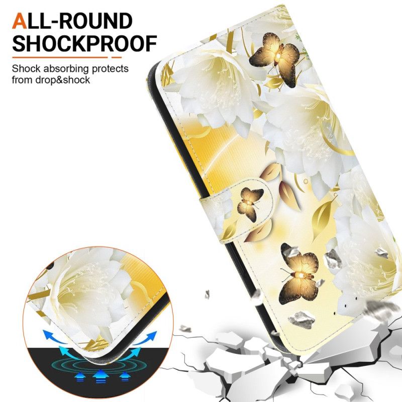 Flip Cover Til Motorola Edge 50 Ultra Gyldne Sommerfugle Og Hvide Blomster Med Rem