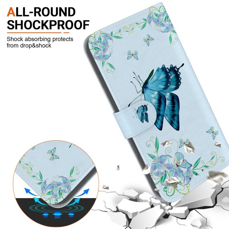 Læder Cover Motorola Edge 50 Ultra Telefon Etui Blå Sommerfugl Og Blomster Med Rem