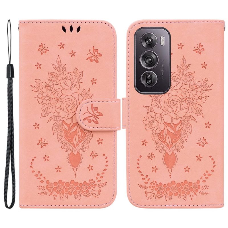 Læder Cover Oppo Reno 12 Pro 5g Telefon Etui Sommerfugle Og Blomster Tryk