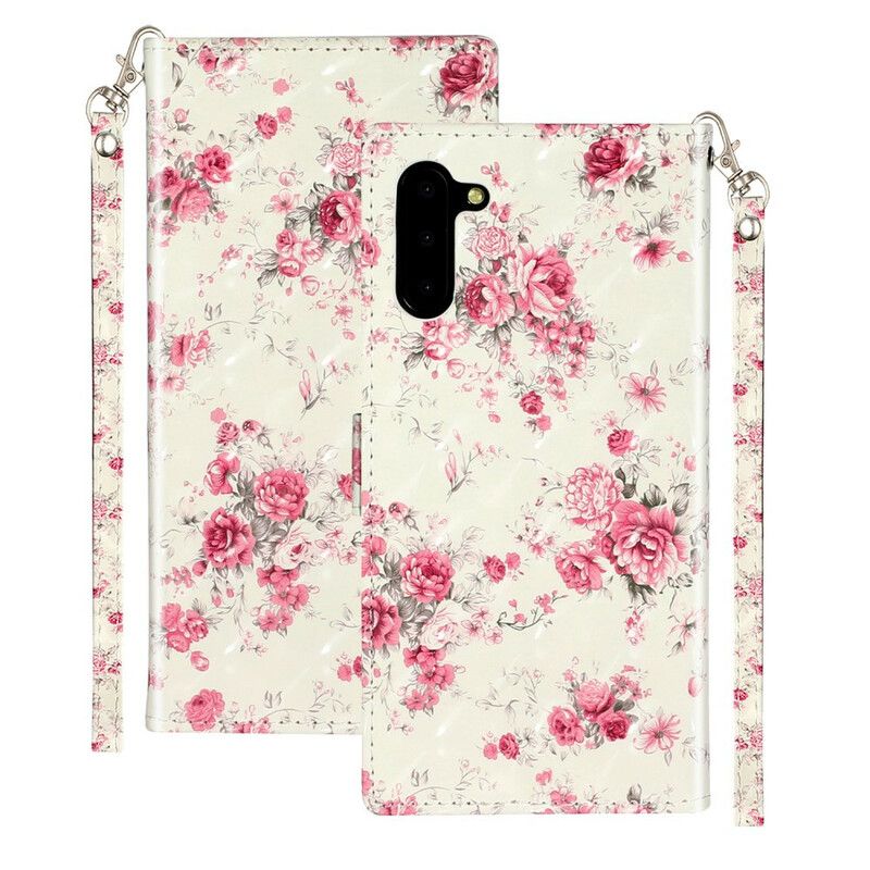 Flip Cover Samsung Galaxy Note 10 Med Snor Blomster Lyspletter Med Rem