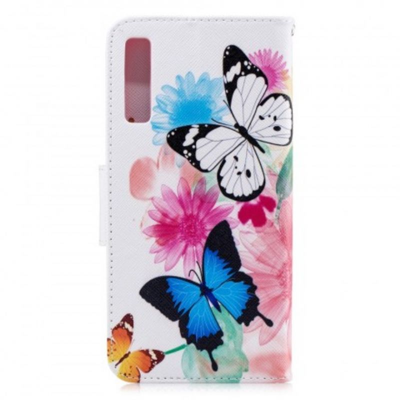 Læder Cover Samsung Galaxy A7 Malede Sommerfugle Og Blomster