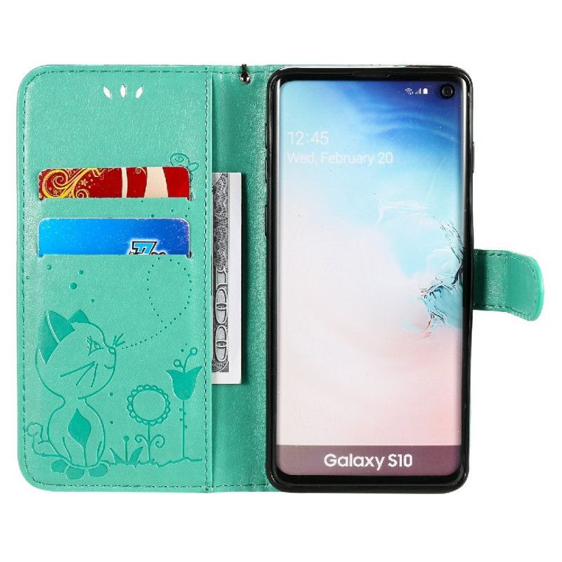 Læder Cover Samsung Galaxy S10 Med Snor Kat Og Bi Med Rem