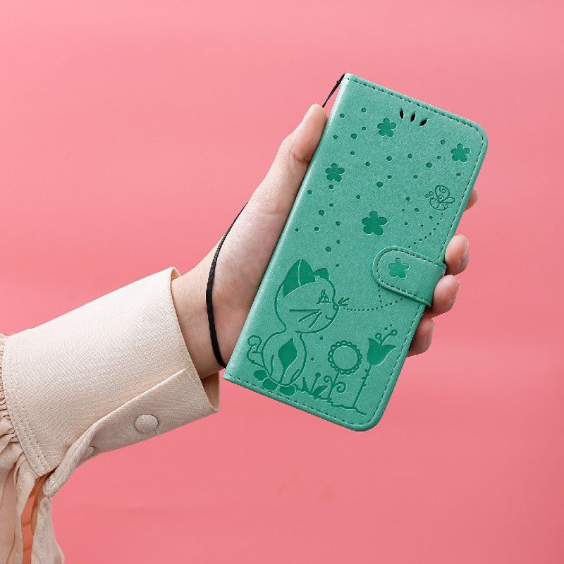 Læder Cover Samsung Galaxy S10 Med Snor Kat Og Bi Med Rem