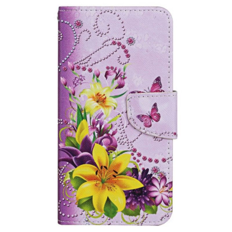 Flip Cover Til Samsung Galaxy A15 5g Gule Blomster Og Sommerfugle Med Rem