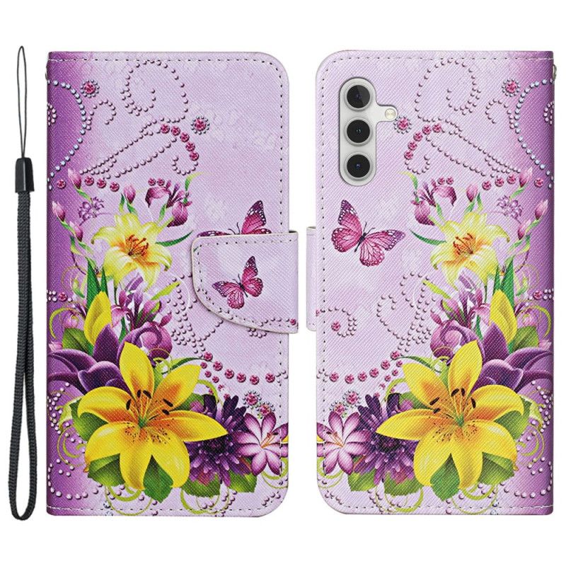 Flip Cover Til Samsung Galaxy A15 5g Gule Blomster Og Sommerfugle Med Rem