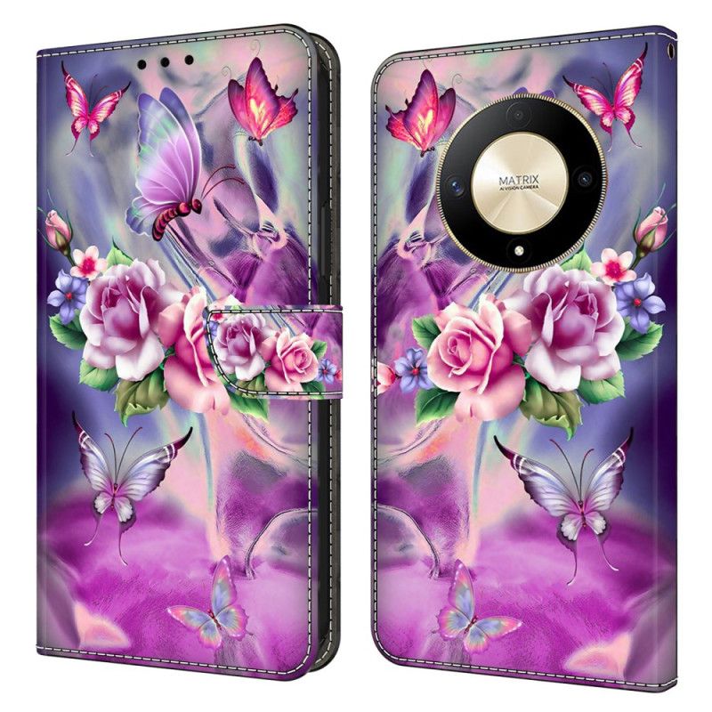 Flip Cover Honor X9b / Magic 6 Lite Sommerfugle Og Lilla Blomster