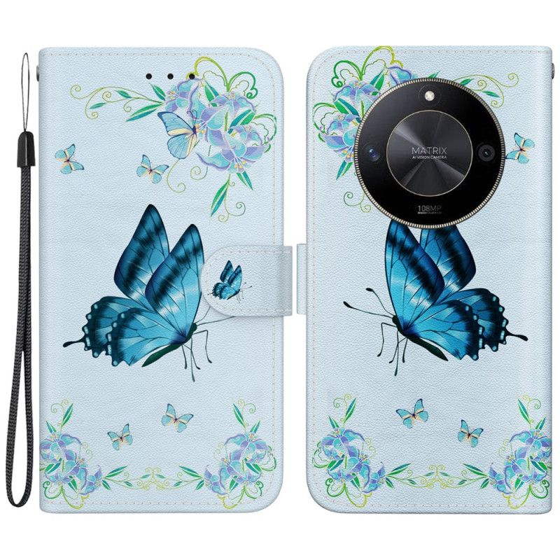 Læder Cover Honor X9b / Magic 6 Lite Telefon Etui Blå Sommerfugle Og Blomster