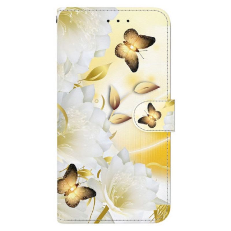 Læder Cover Honor X9b / Magic 6 Lite Telefon Etui Gyldne Sommerfugle Og Hvide Blomster Med Rem